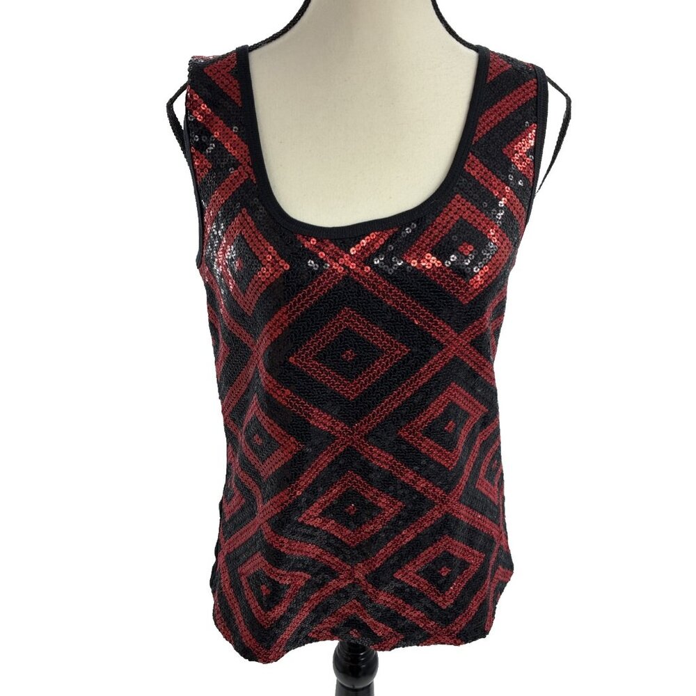 Bisou Bisou Womens Sequin Tank Top Large Black Red Geometric Sleeveless
